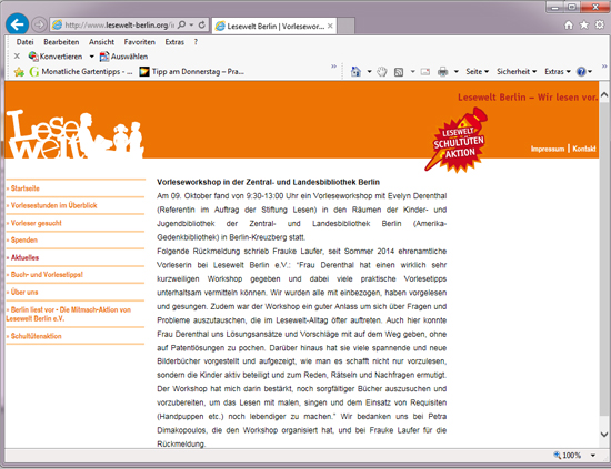Vorleseworkshop in der Zentral- und Landesbibliothek am 9. Oktober 2015 mit Evelyn Derenthal imAuftrag der Stfitung Lesen